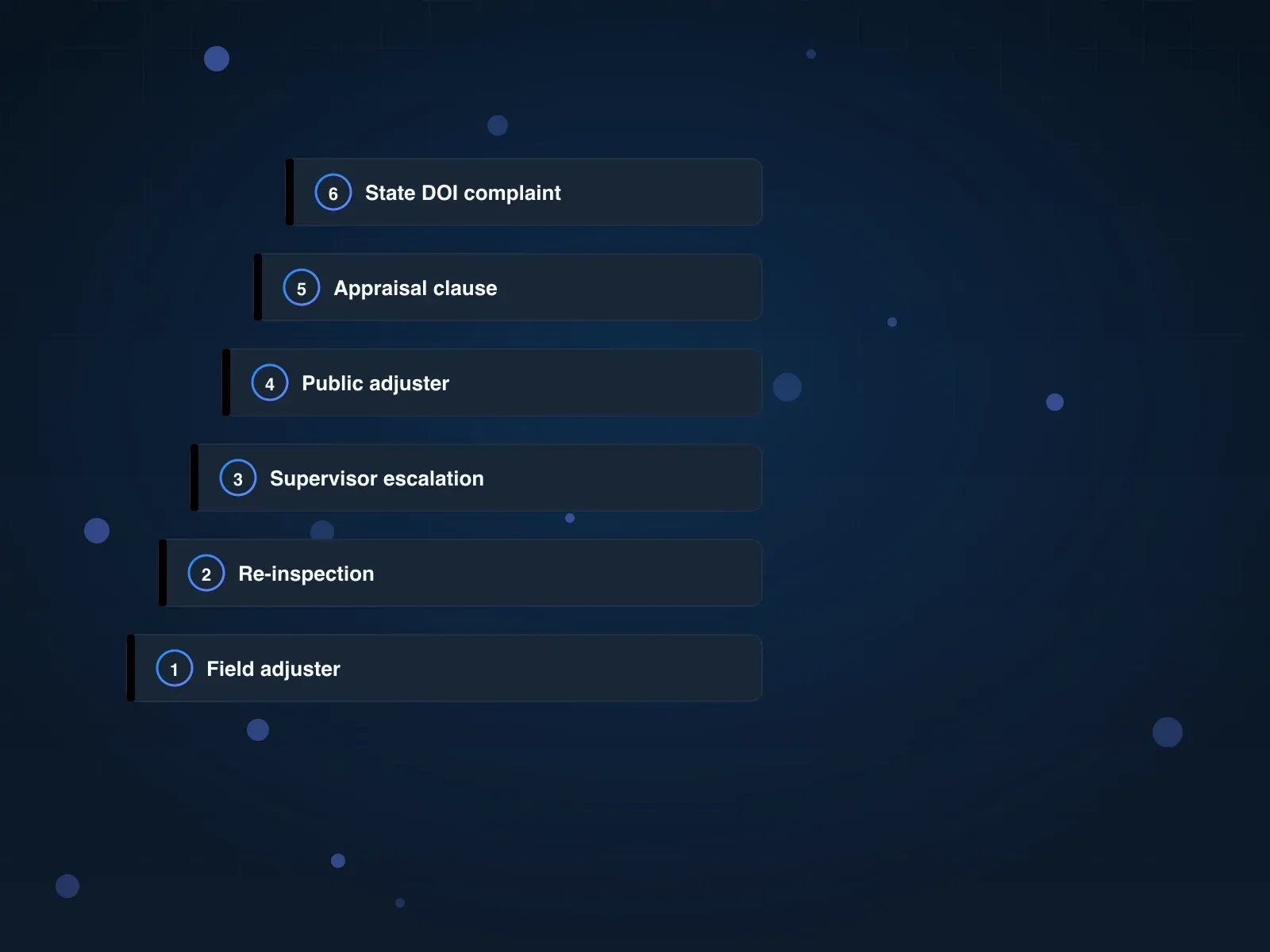 Six-rung escalation ladder rising from field adjuster denial up to a state Department of Insurance complaint, color-coded from warning red to success green.