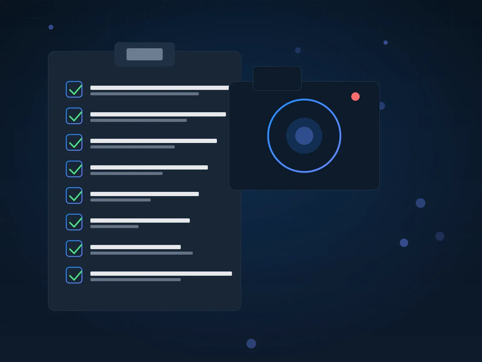 Clipboard checklist with green checkmarks beside a stylized DSLR camera, illustrating the 14 evidence shots a homeowner captures before the adjuster inspection.