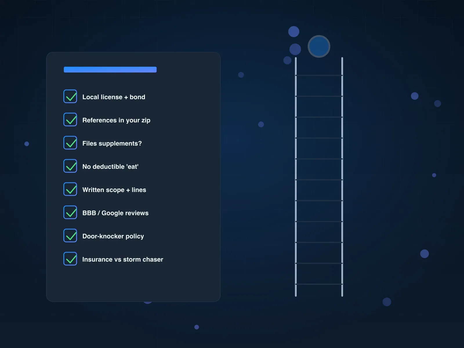 Eight-question vetting checklist rendered as a card next to a stylized roofer's ladder leaning against a roof edge.